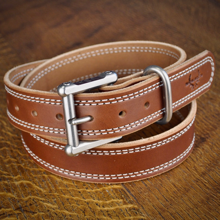 the traditional ridgeback belt with double parallel white stitching  and a stainless steel buckle