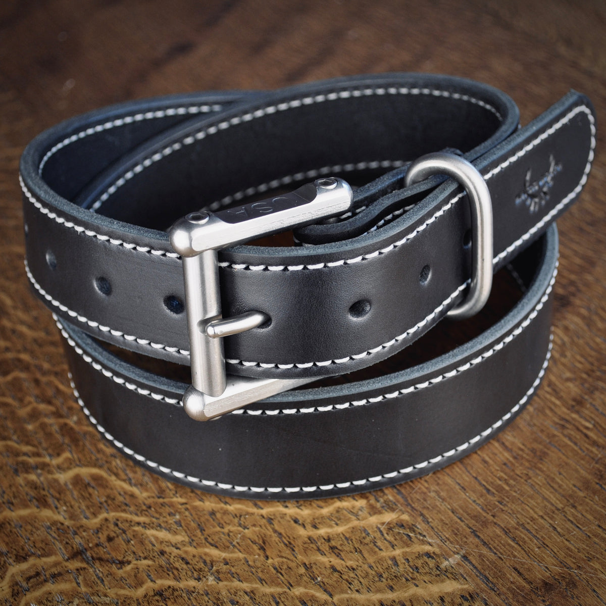 Black leather, with white stitching, waist belt! Leather Belt White Stitching for Work Jeans Office Wear 1.75  main image 2