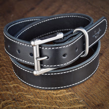 Load image into Gallery viewer, The classic belt, black leather, white stitching and a stainless steel buckle
